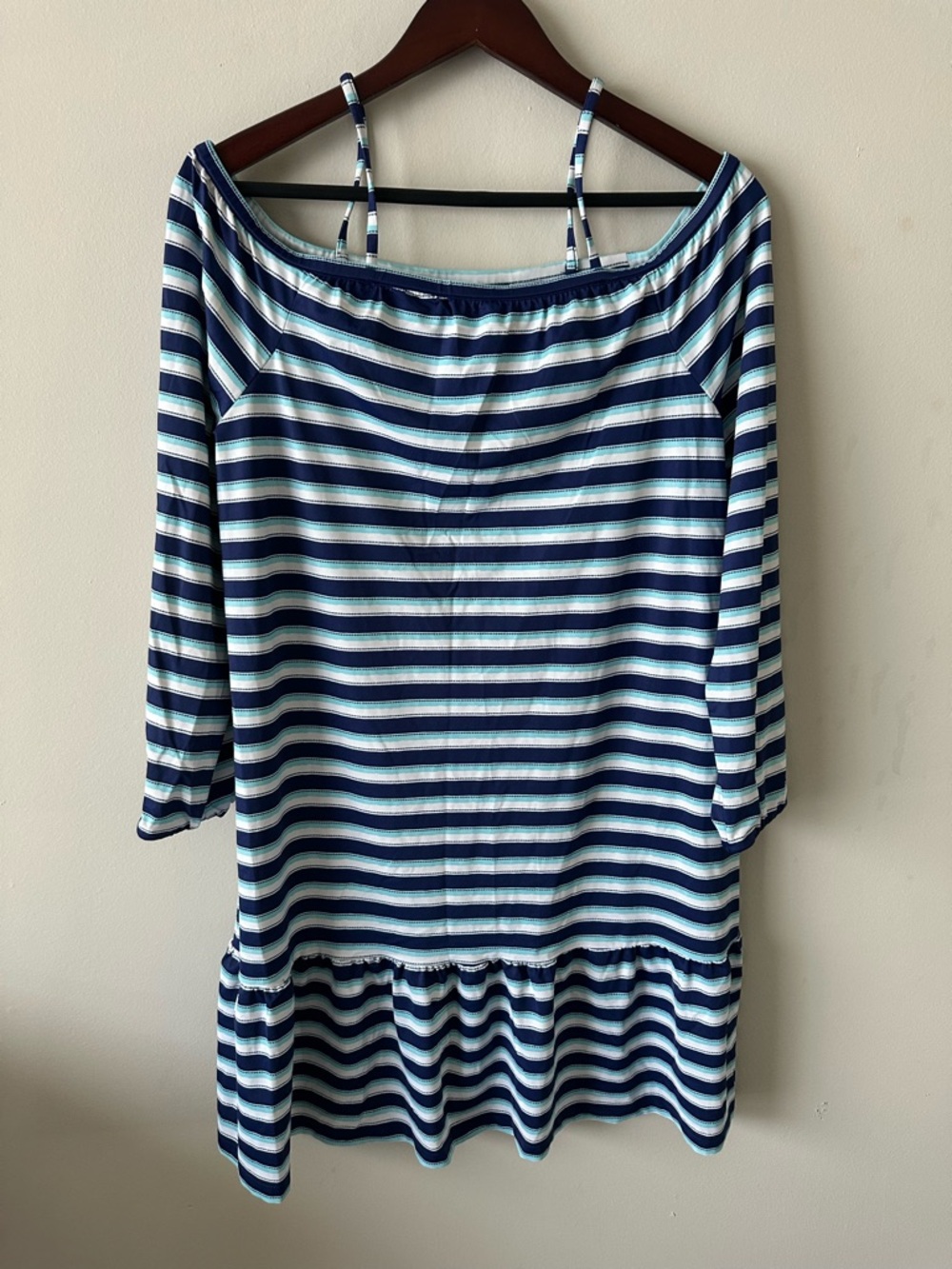 Cabana Life women’s large off the shoulder dress blue white striped